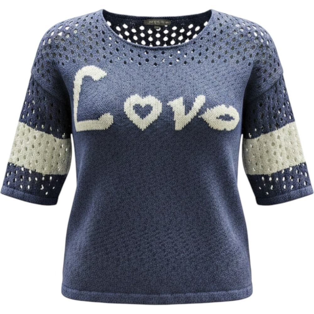 French Kyss Love Graphic Sweater Women S Blue Short Sleeve Pointelle Knit Top